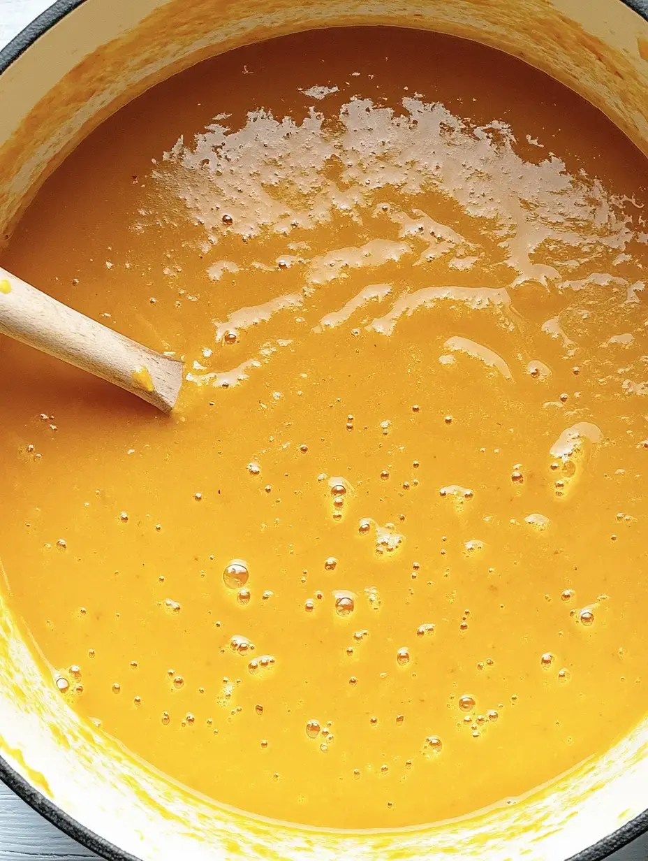 In einem großen Topf befindet sich sämig-orange Suppe, ein Holzlöffel lehnt am Rand.