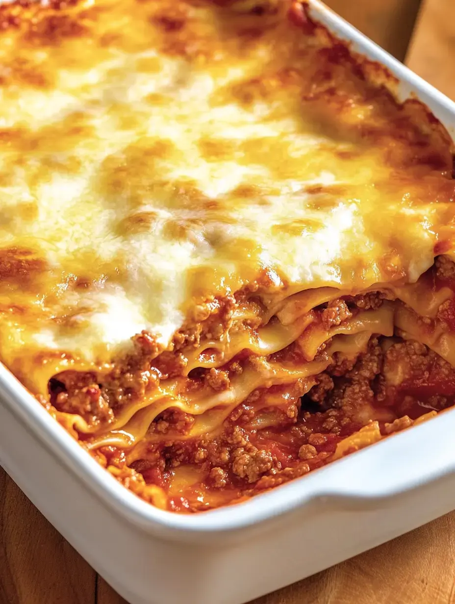 Saftige Ofenlasagne mit geschmolzenem Käse, Fleischsoße und Nudelplatten in Schichten.
