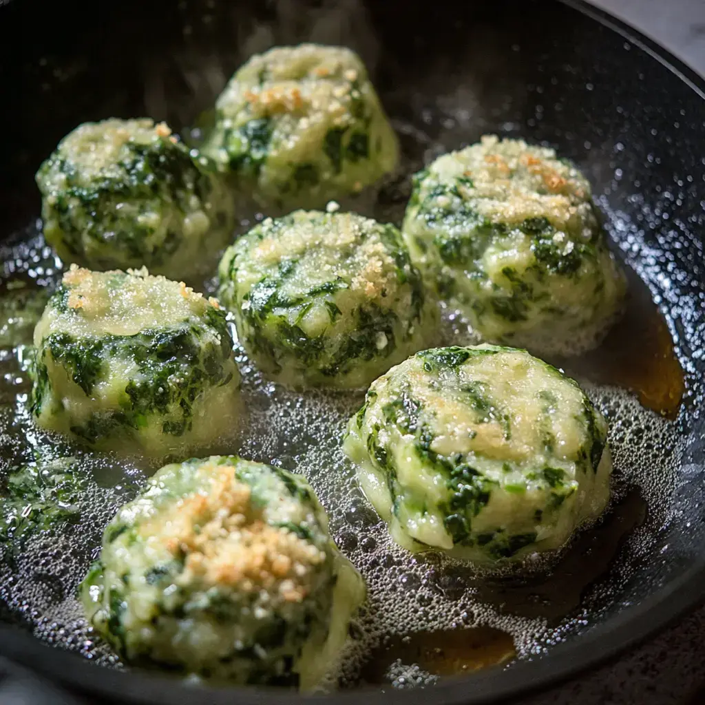 In einer Pfanne brutzeln grüne Spinatknödel in Öl und haben oben eine knusprige goldene Schicht.