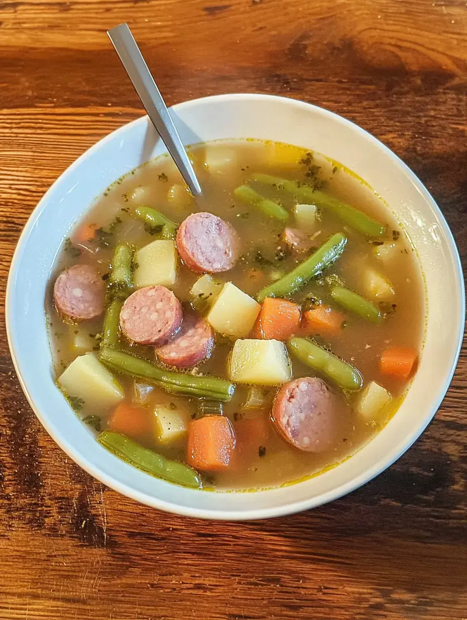 Eine Suppe mit grünen Bohnen, Kartoffeln, Möhren und Würstchen in einer Schale auf einem Tisch.