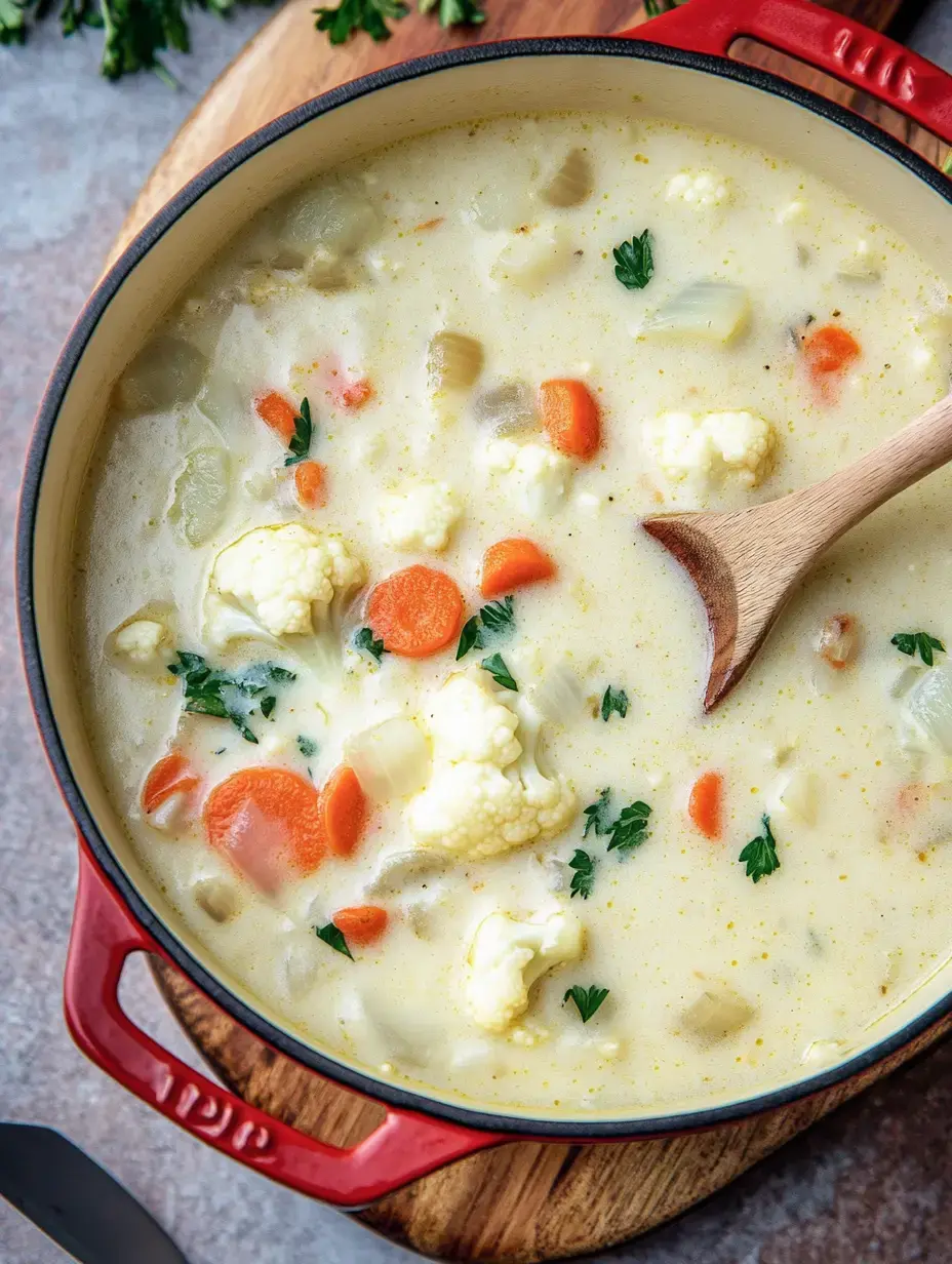 Im Topf dampft cremige Suppe mit Blumenkohl, Karotten und Sellerie auf einem Holzbrett.
