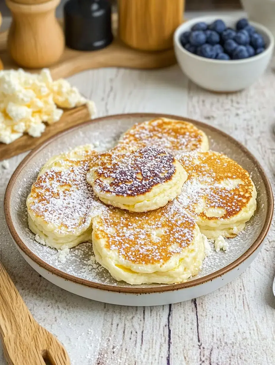 Ein Teller voll fluffiger Taler, bestäubt mit Puderzucker, daneben eine kleine Schale Blaubeeren und Quark.
