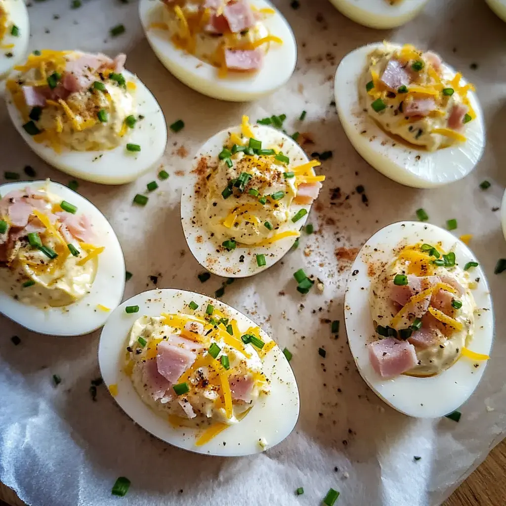 Ein rundes Tellerchen mit bunten gefüllten Eiern, oben drauf Schinken, Käse, Schnittlauch und Gewürze.