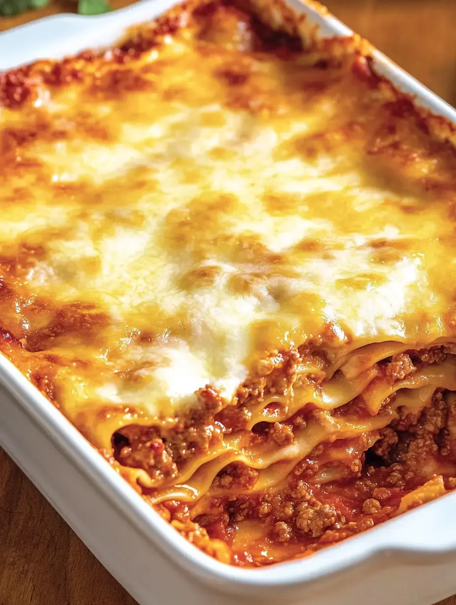 Ofenfrische Lasagne mit goldbraunem Käse und saftiger Schicht Hackfleischsoße.