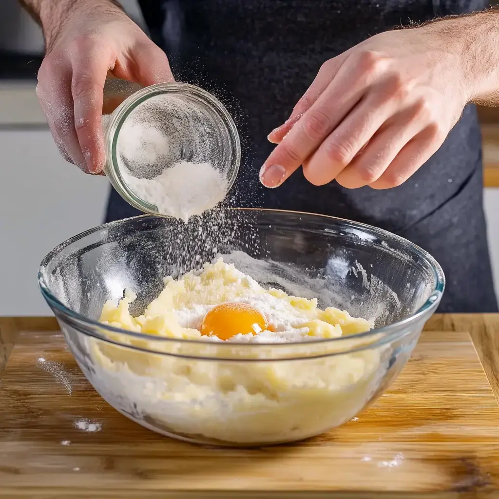 Ein Koch kippt Zucker in eine Schüssel zu Butter und Ei.