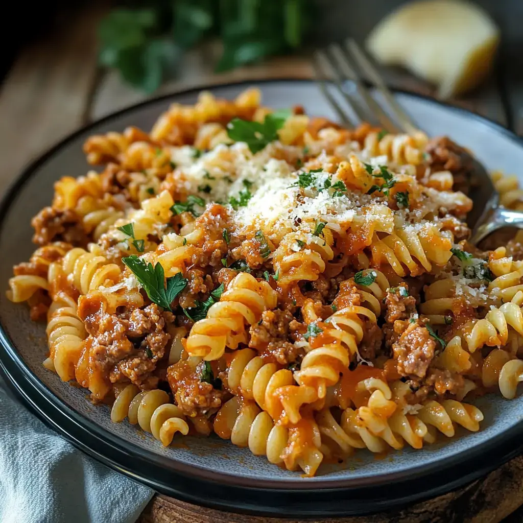 Ein Teller voll verdrehter Nudeln mit Fleischsoße, frischer Petersilie und Parmesan auf einem rustikalen Holztisch.