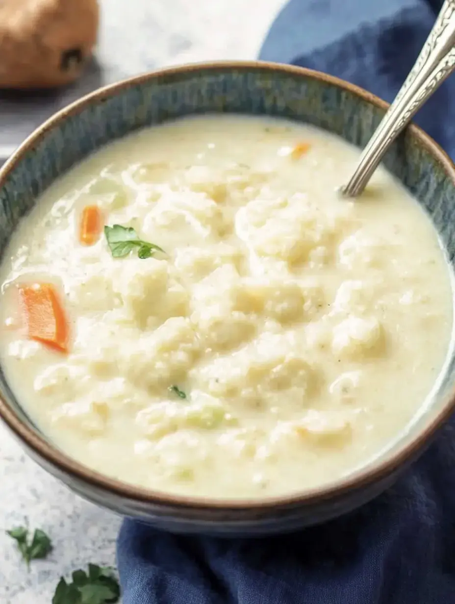 Cremige Suppe mit kleinen Klößchen, Karotten und frischem Koriander in einer Schüssel.