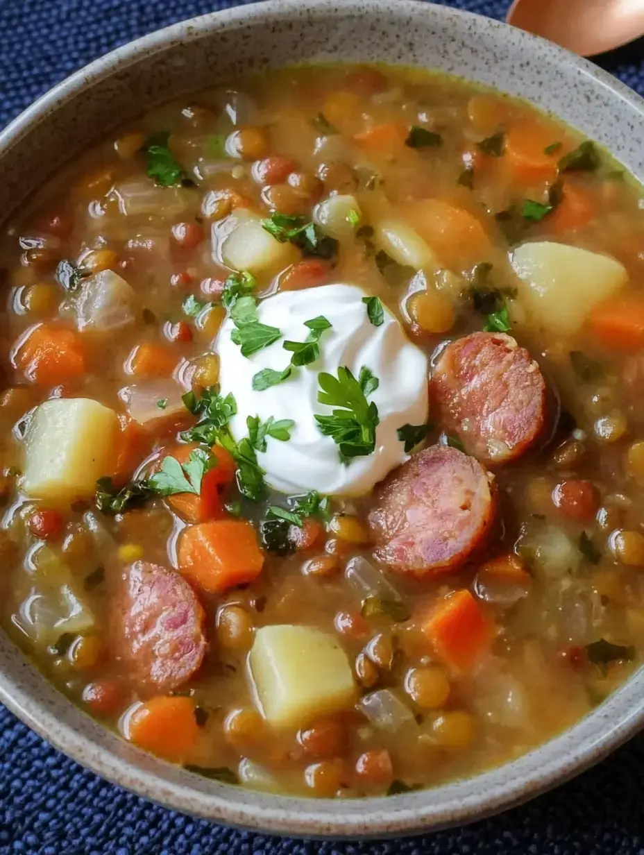 Eine Schale mit Linsensuppe, obendrauf Sauerrahm und frischer Koriander. Drinnen stecken Karotten, Kartoffeln und ein paar Stücke Wurst.