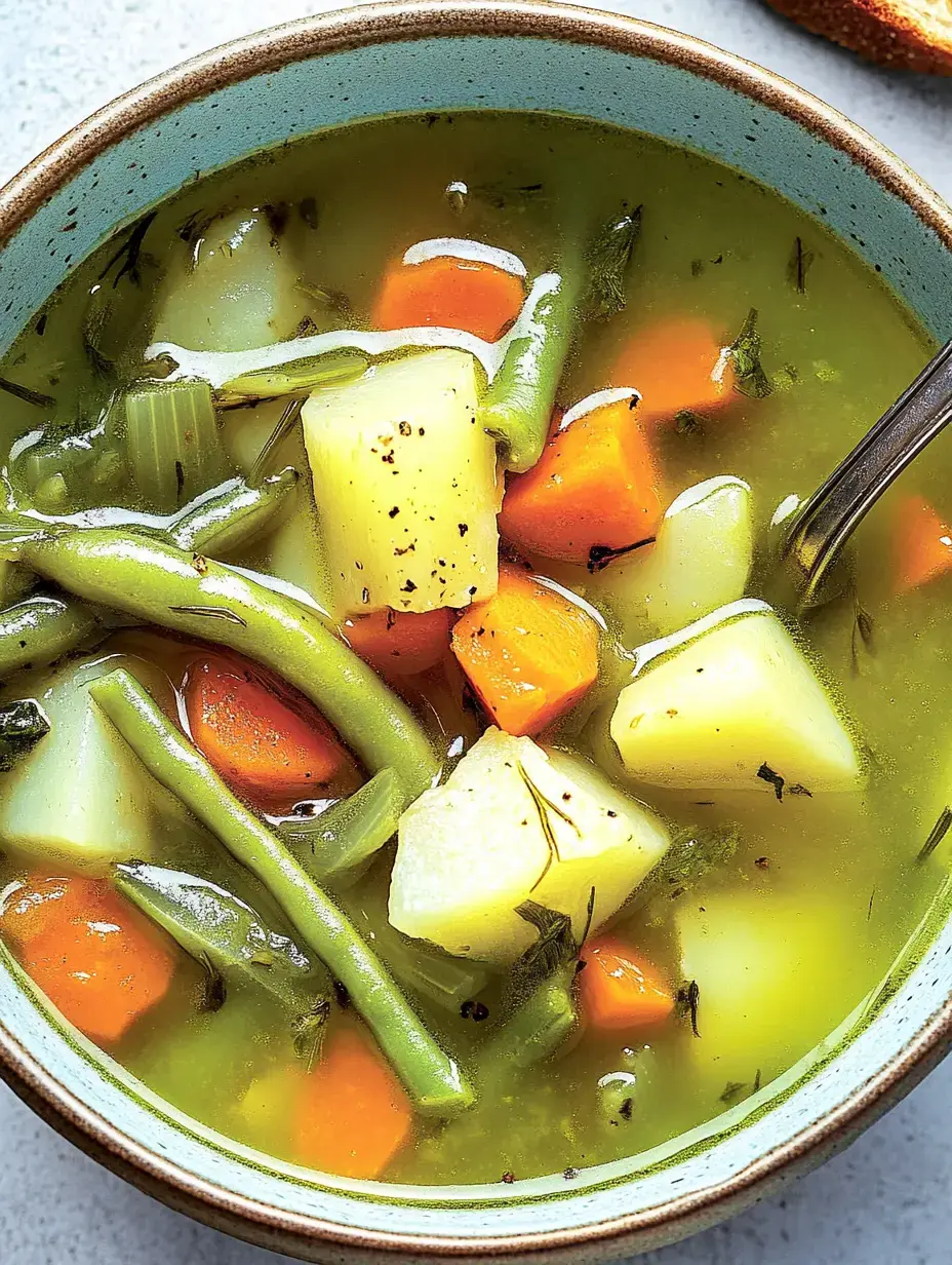 Eine Schüssel mit einer bunten Gemüsesuppe, die Kartoffeln, Karotten und grüne Bohnen enthält.