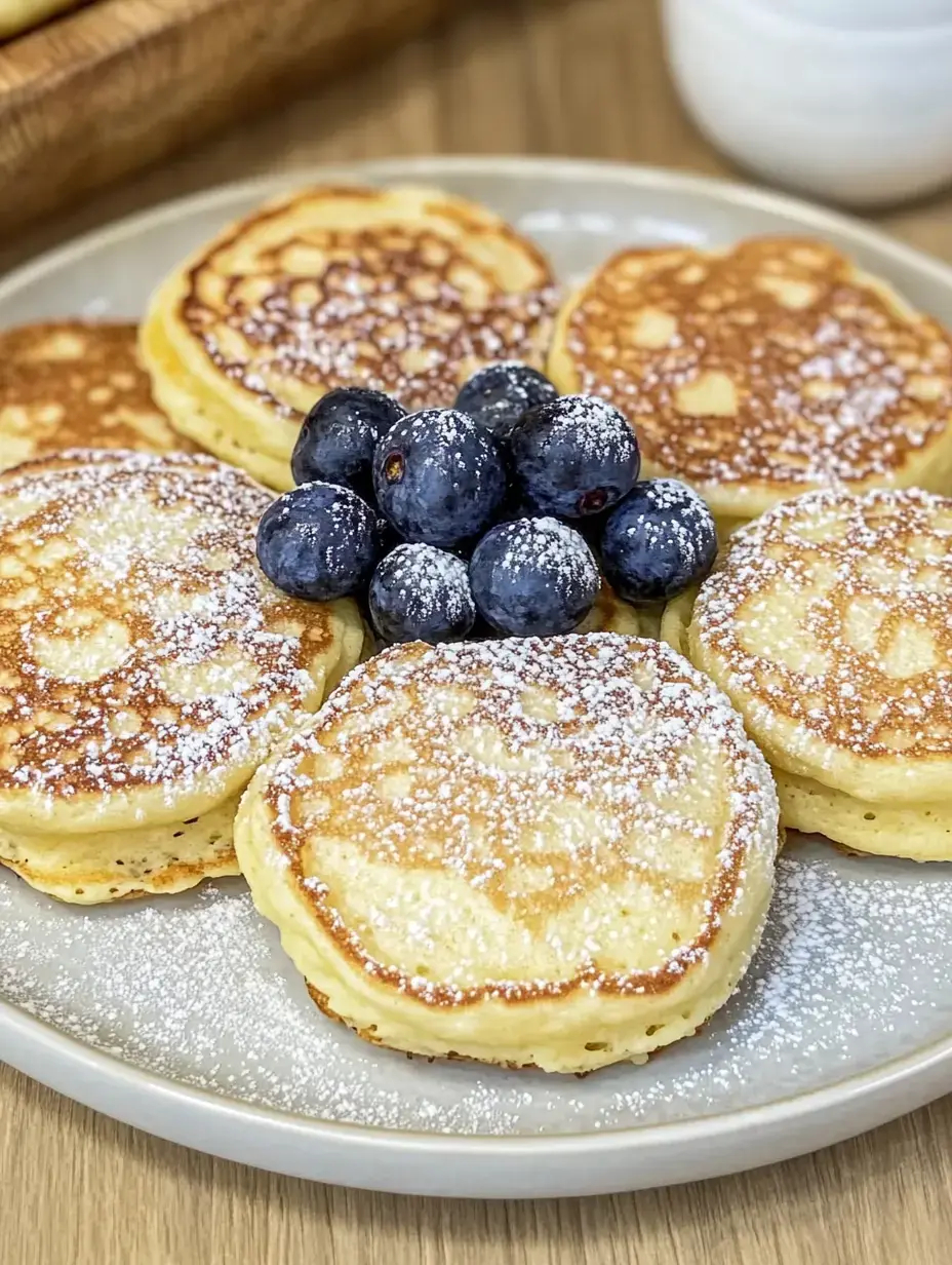 Ein Teller goldene Quark-Taler, mit Puderzucker und frischen Blaubeeren garniert.