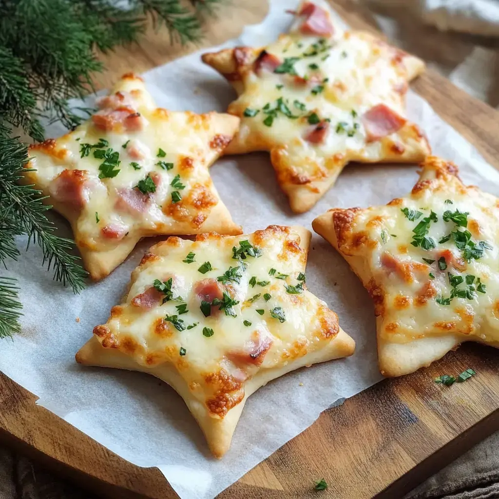 Sternchen wie Mini-Pizza mit Käse und Schinken, frischer Schnittlauch oben drauf, angerichtet auf Holzbrett.