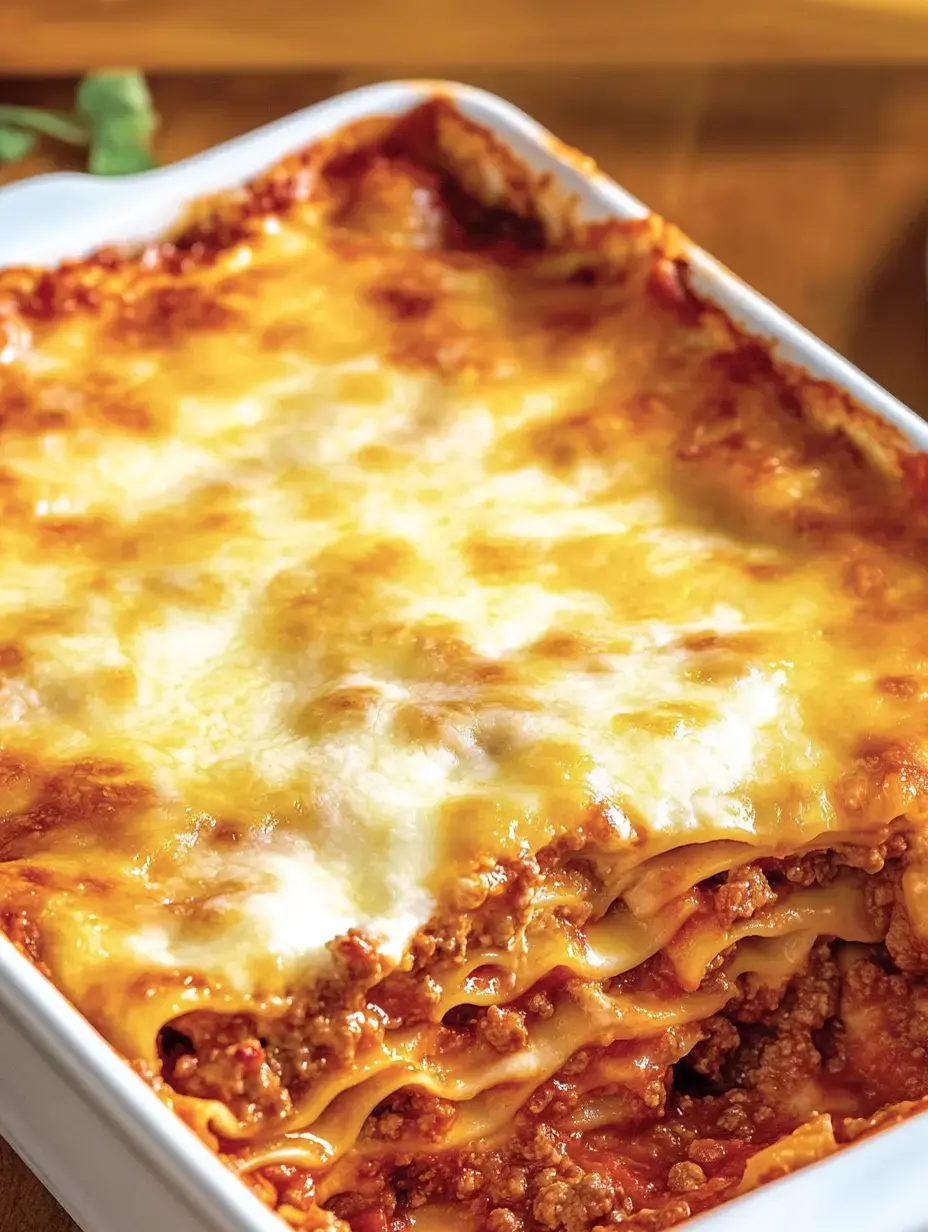 Lasagne direkt aus dem Ofen: geschmolzener Käse, Nudel- und Hackschichten in weißer Auflaufform.