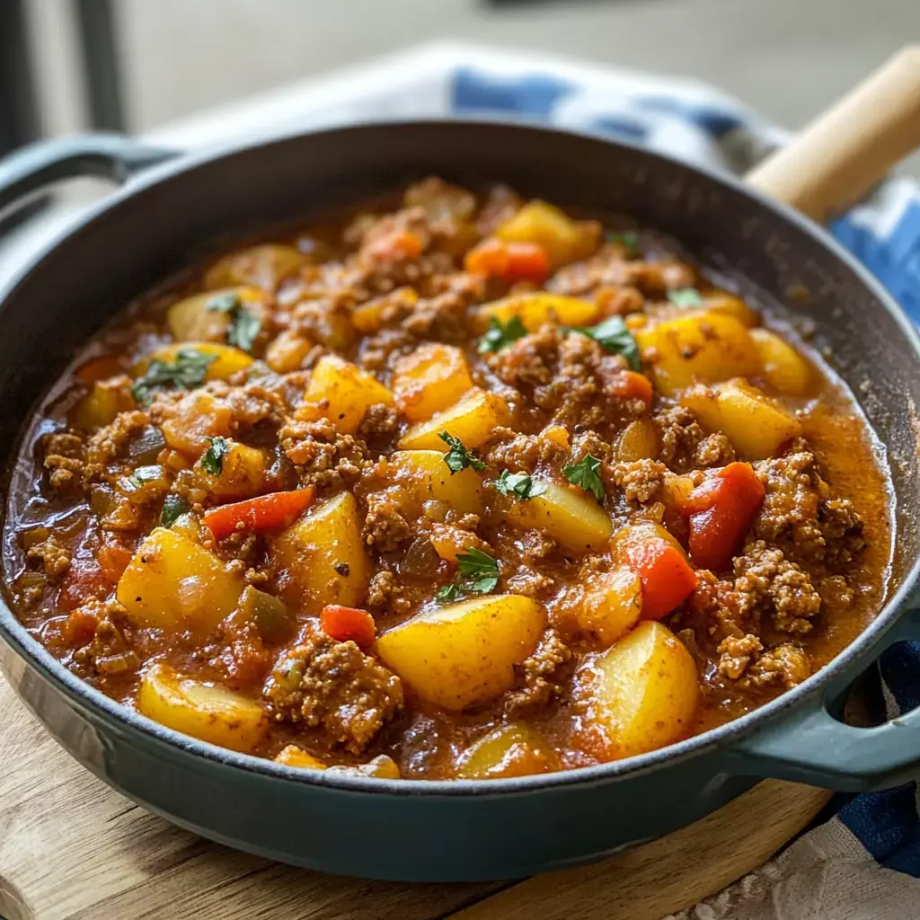 Ein dampfender Eintopf mit Kartoffeln, Hack und buntem Gemüse in einem schwarzen Schmortopf.