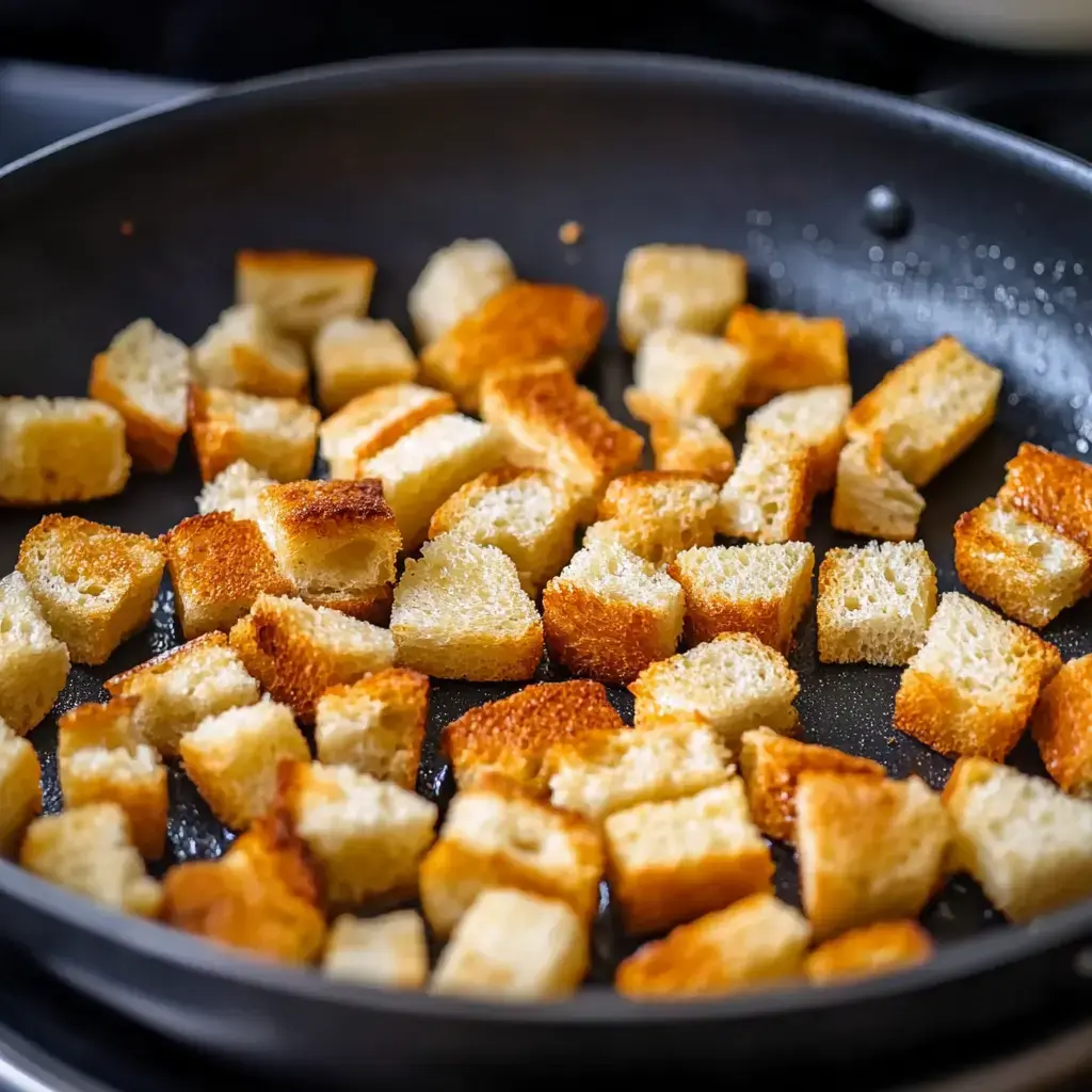 Die Pfanne ist voller goldbrauner Brotwürfel.