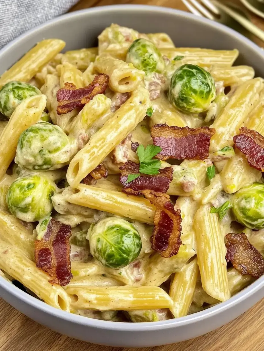 Eine cremige Nudelpfanne mit Penne, knackigem Rosenkohl und krossem Speck.