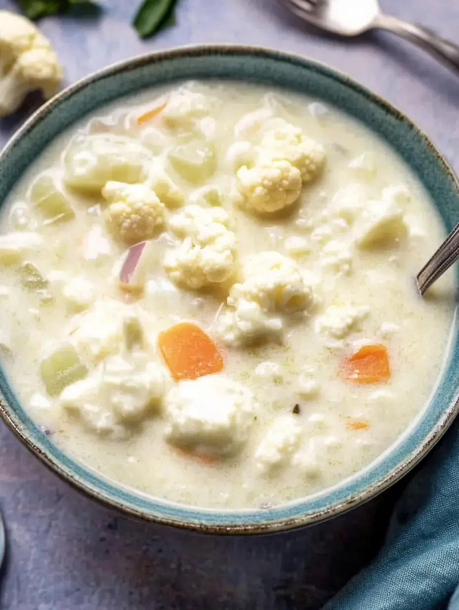 Cremige Blumenkohlsuppe mit buntem Gemüse in einer Schüssel. Karotten und Sellerie stechen hervor.