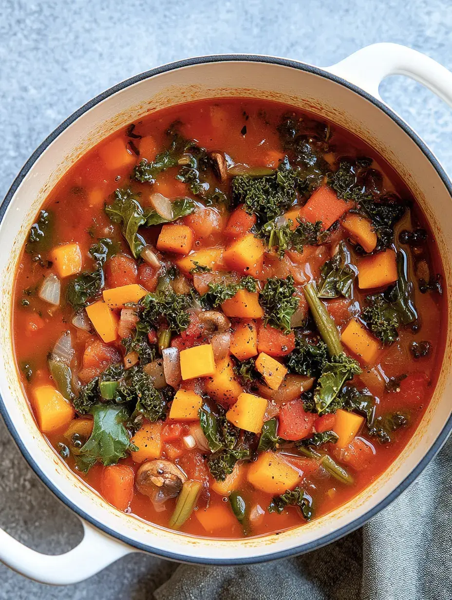 Ein Topf mit einer bunten Gemüsesuppe, gefüllt mit Kürbis, Grünkohl, Tomaten und anderen Gemüsesorten.