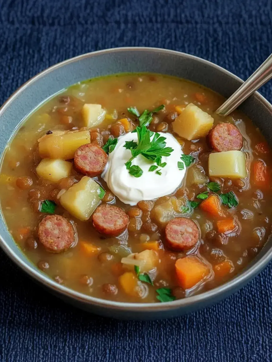 Linsensuppe in einer Schüssel, Wurstscheiben, Kartoffelwürfel, Karottenstückchen und oben drauf saure Sahne und frische Petersilie.
