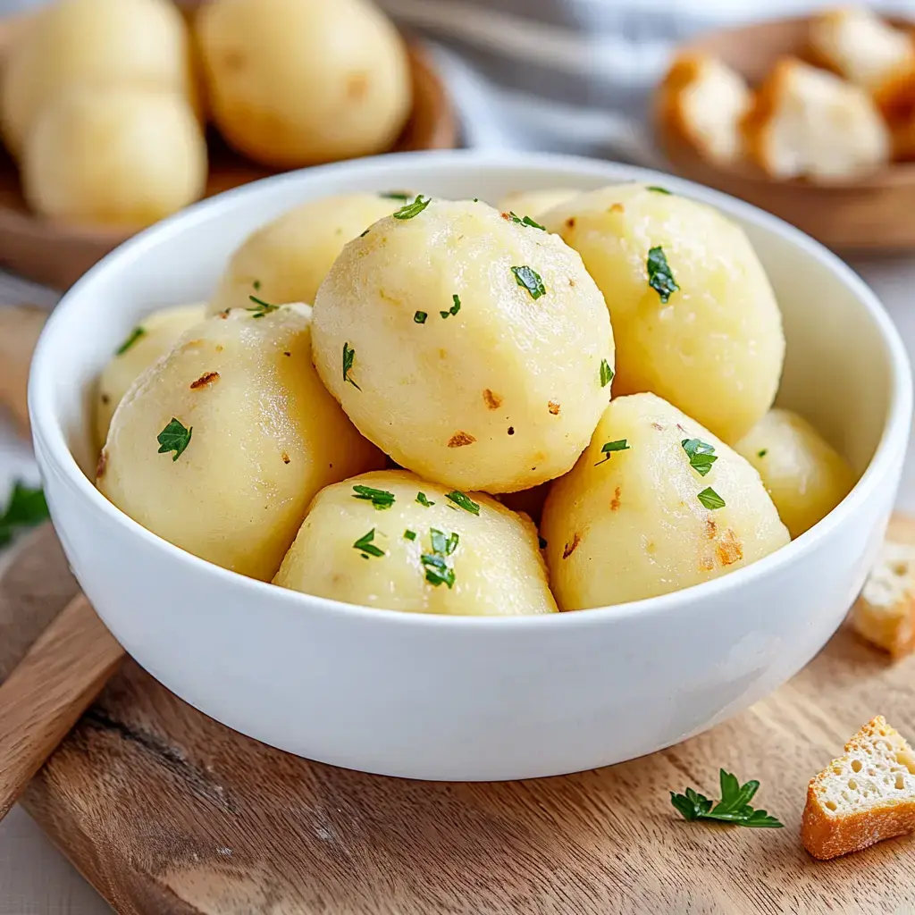 Eine Schale mit gekochten Kartoffeln, frisch gehackte Petersilie als Topping und daneben ein paar Brotwürfel auf Holzbrett.