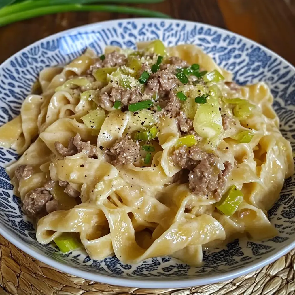 Ein großer Teller Tagliatelle mit Hackfleisch, Lauch und Parmesan in einer sahnigen Käsesoße.