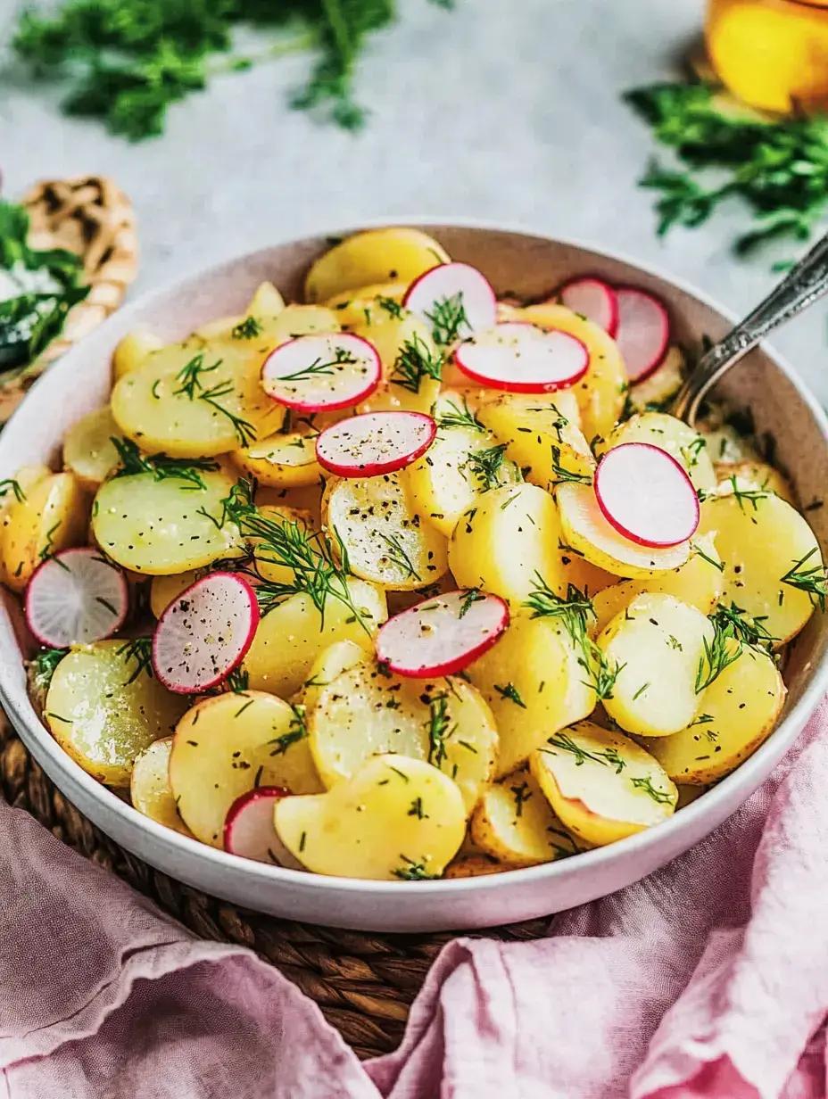 Frischer Kartoffelsalat mit Radieschen und Dill, angerichtet in einer weißen Schale.