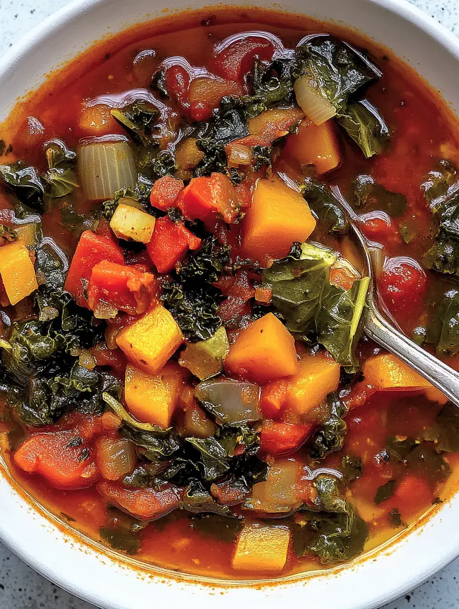 Eine Schüssel mit herzlicher Gemüsesuppe, die aus verschiedenen bunten Gemüsewürfeln und grünem Blattgemüse besteht.