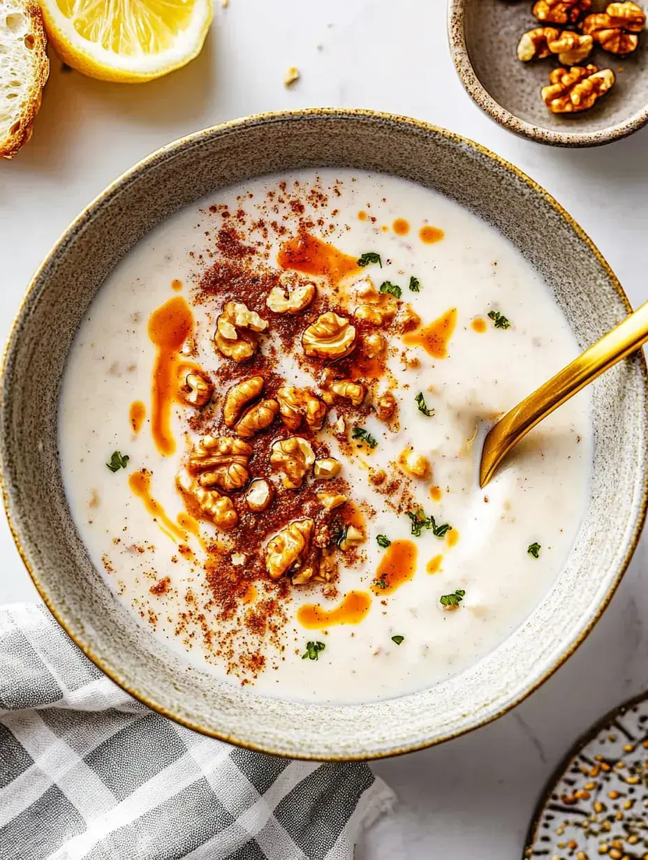 Eine Schale voller cremiger Suppe, bedeckt mit Walnüssen, Paprika und etwas Öl, dazu ein Stück Zitrone und ein kleiner Teller mit Walnussstücken.
