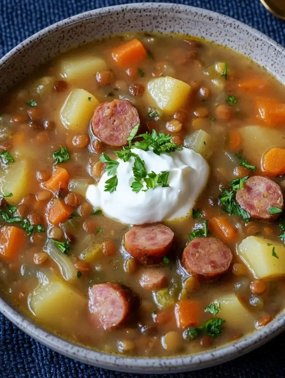 Eine lockere Linsensuppe mit Karotte, Kartoffel und Wurst, serviert mit Sauerrahm und Petersilie obendrauf.