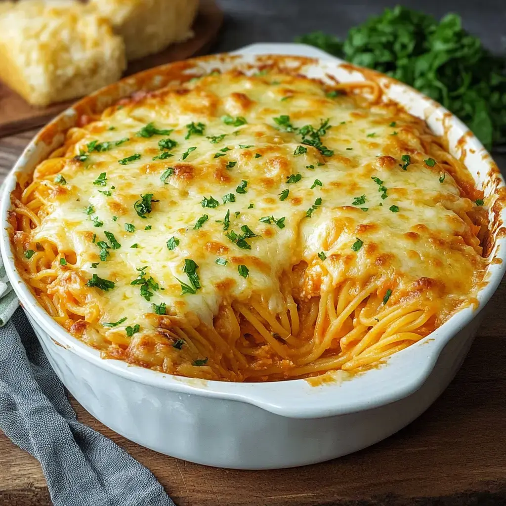 Überbackene Pasta mit Kräutern und goldbraunem Käse in einer weißen Form auf dem Tisch.