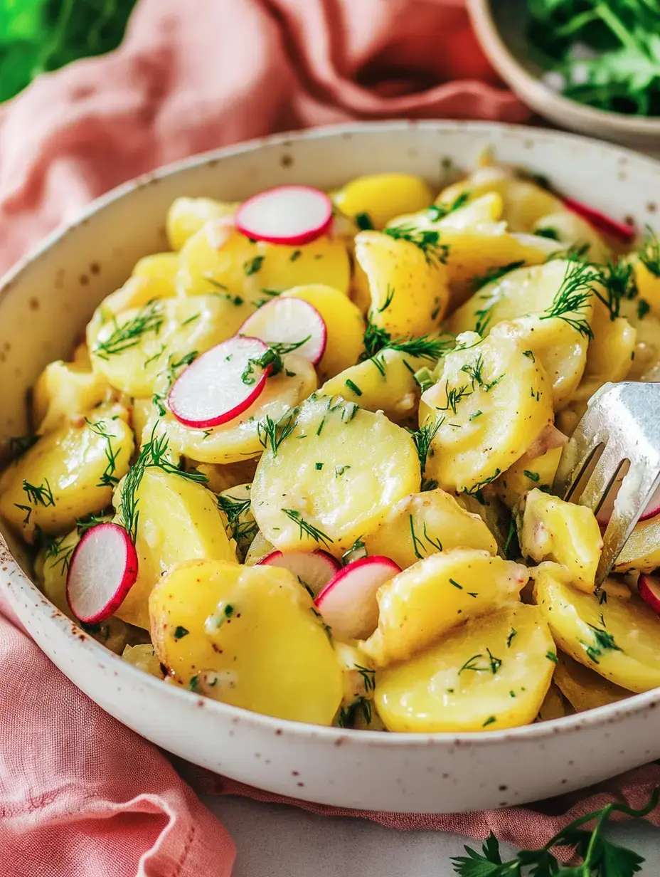 Kartoffelsalat auf einem Teller, garniert mit Radieschen und Dill – hübsch angerichtet mit rosa Serviette.