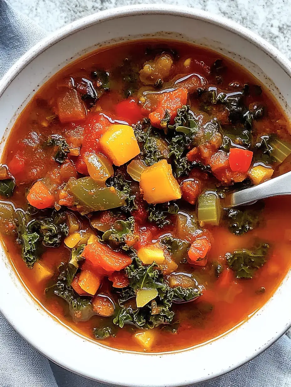 Eine Schüssel mit buntem Gemüsesuppe, die aus Tomaten, Blattgemüse und verschiedenen Gemüsewürfeln besteht.