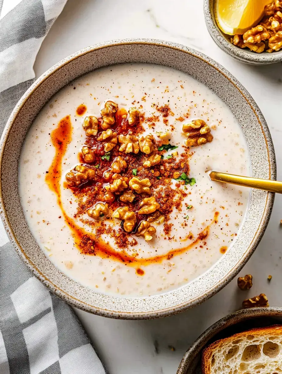 Ein voller Suppenteller mit cremiger Suppe, garniert mit Nüssen, Paprika und einem Spritzer Chiliöl. Dazu etwas Brot am Rand.