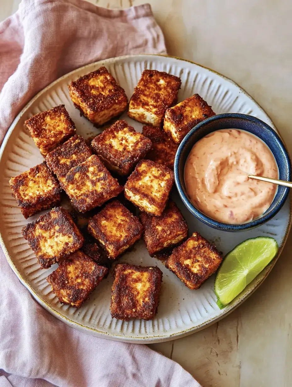 Knuspriger Tofu mit einer sämigen Sriracha-Honig-Sauce und einem Stück Limette auf dem Teller.