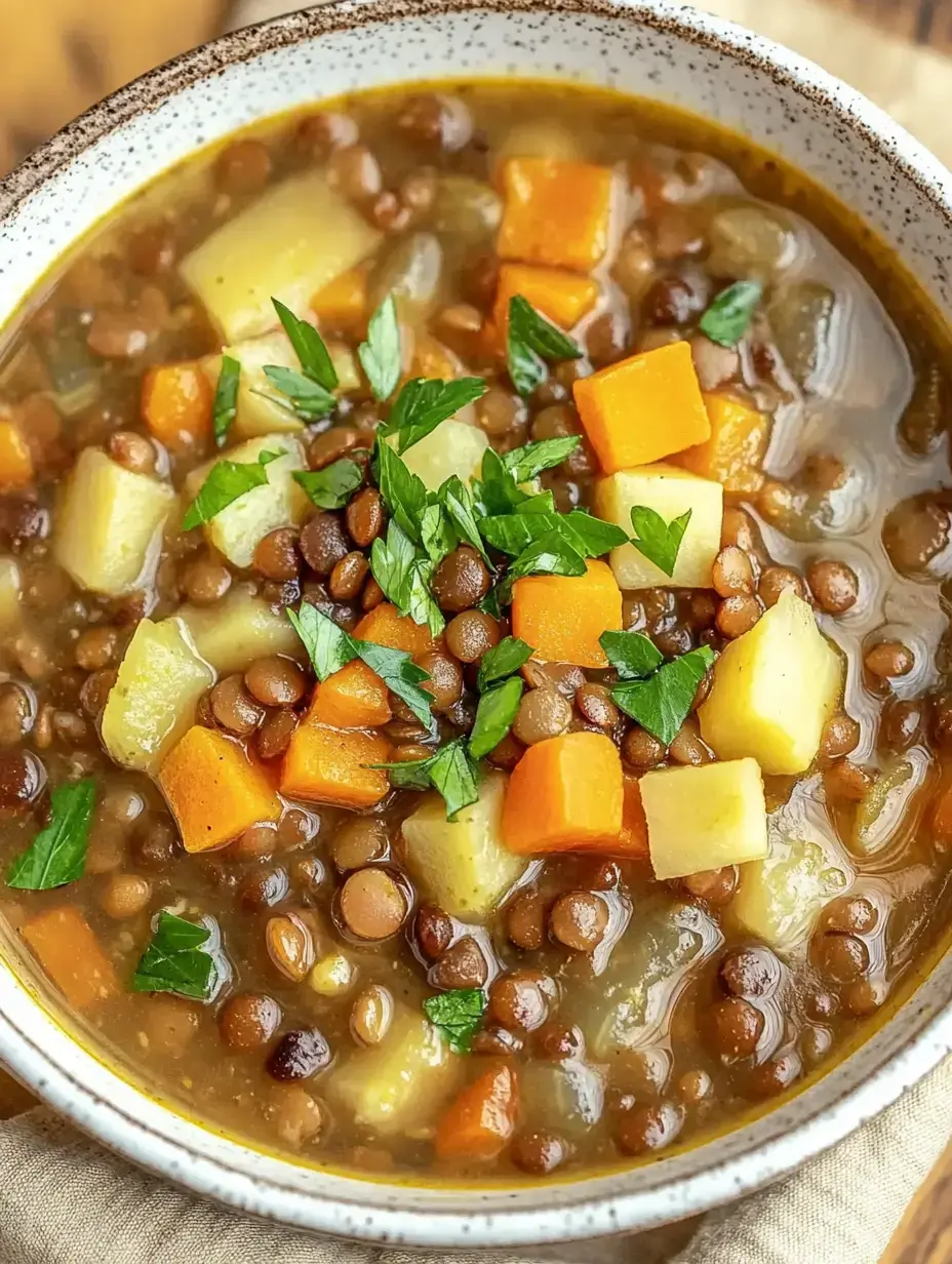 Eine Linsensuppe mit Kartoffel- und Karottenstücken, dekoriert mit frischer Petersilie.