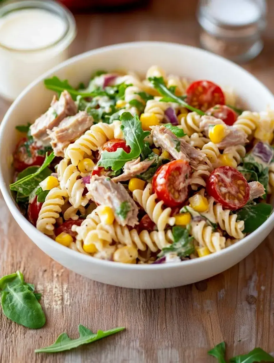 Ein Teller mit Nudelsalat, kleinen Tomaten, Thunfisch, Mais und Rucola steht auf Holz.