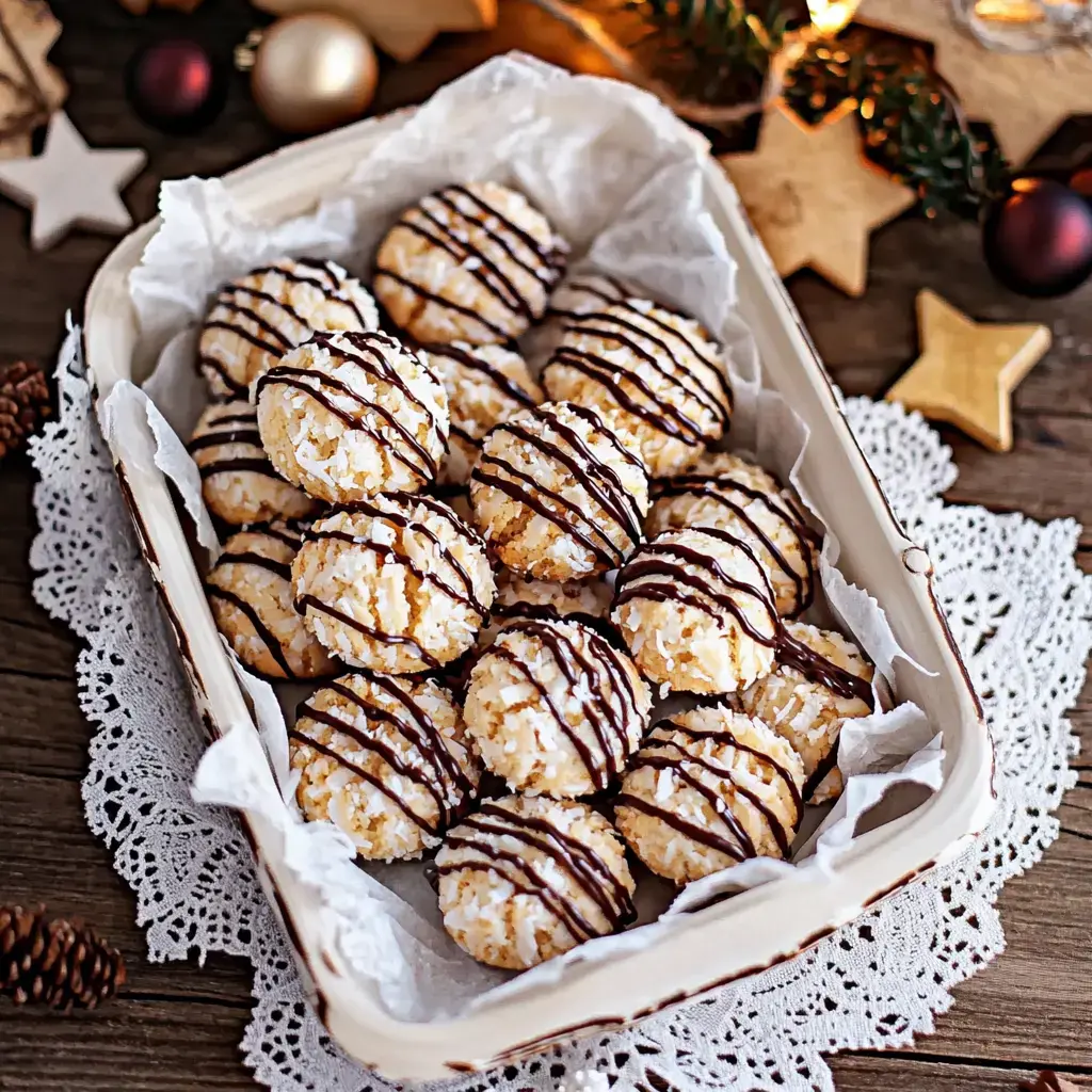 Kleine Kekse auf Kokosbasis mit Schokoguss in einer Schale vor weihnachtlicher Deko.