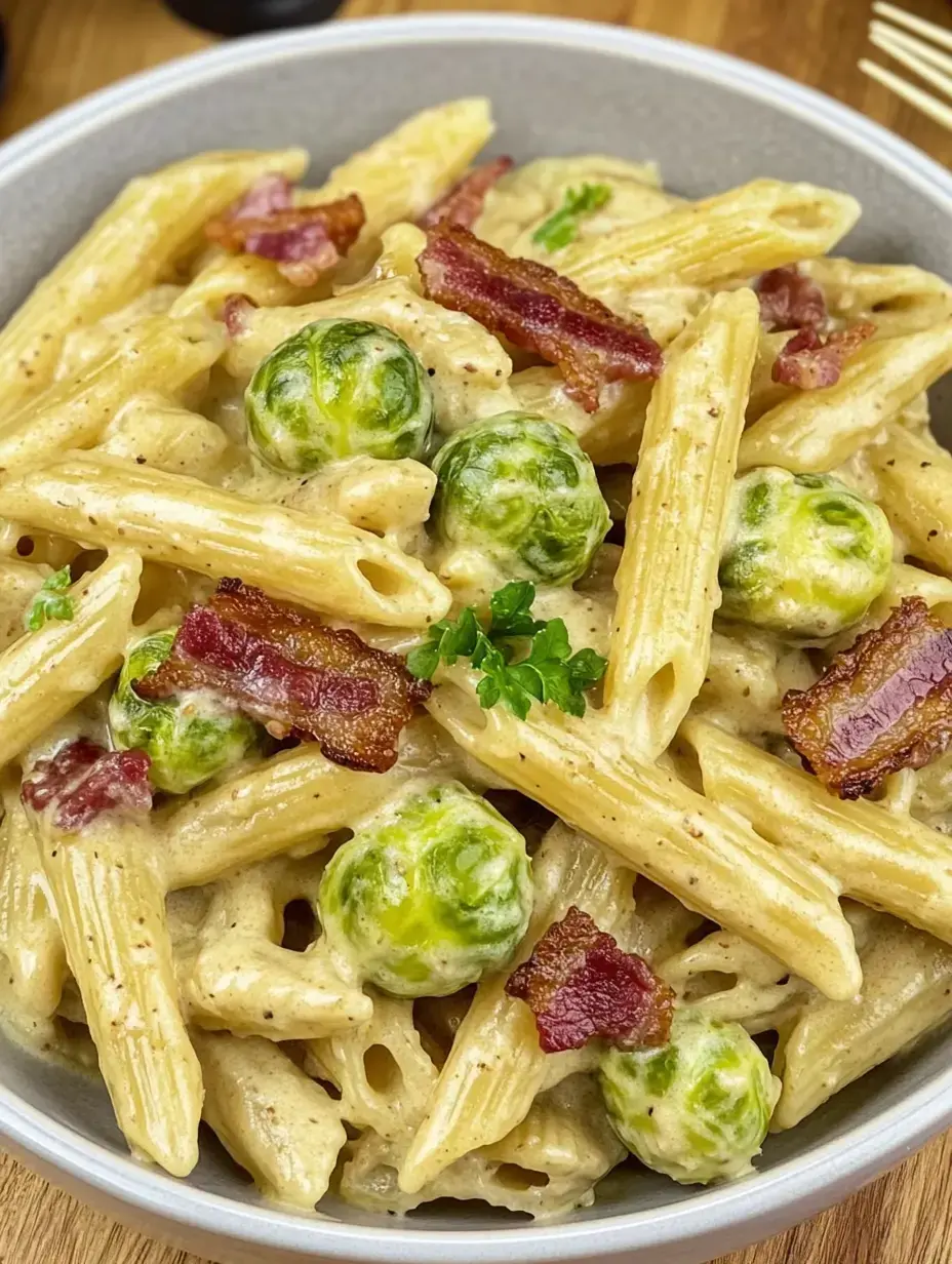 Ein Teller Nudeln mit Senfsoße, Rosenkohl und knusprigem Speck.