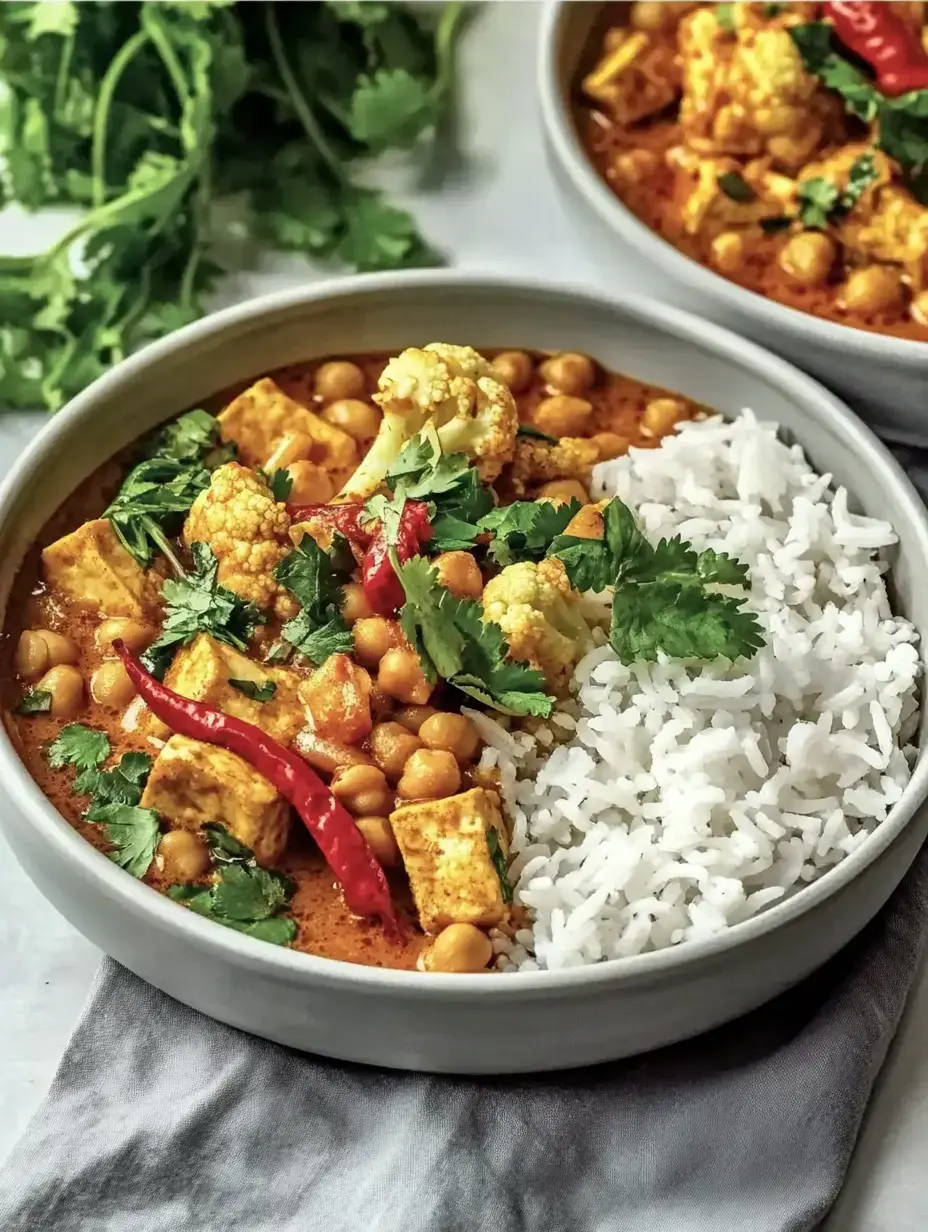 Kichererbsen-Bowl mit Blumenkohl, Tofu, Koriander und roten Chilis auf Reis – alles frisch serviert.