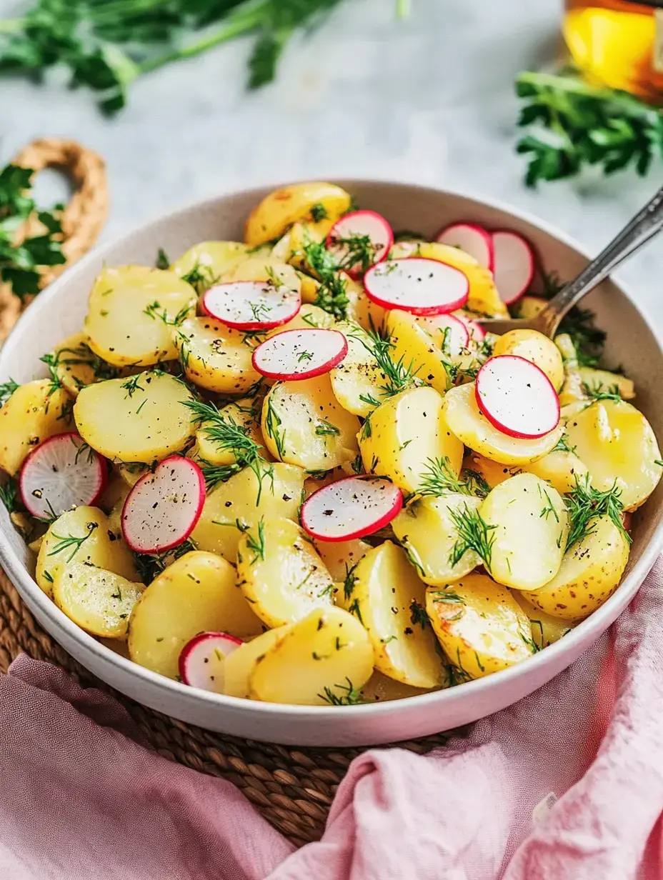 Bunter Kartoffelsalat mit Radieschen und Dill in einer großen Schale – ein echter Hingucker.