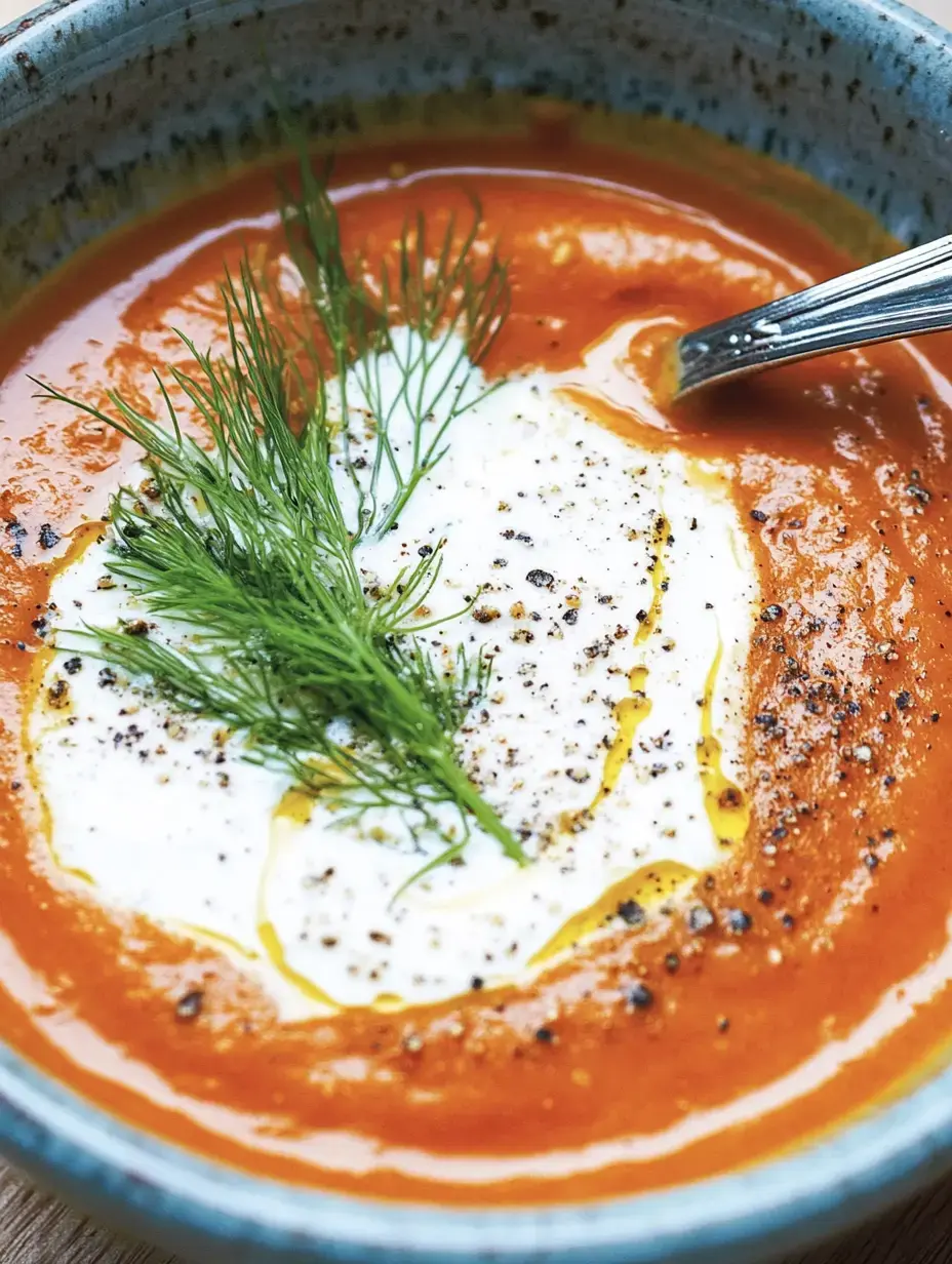 Eine Schüssel Tomatensuppe mit Sahne, einem Spritzer Olivenöl und frischem Dill.