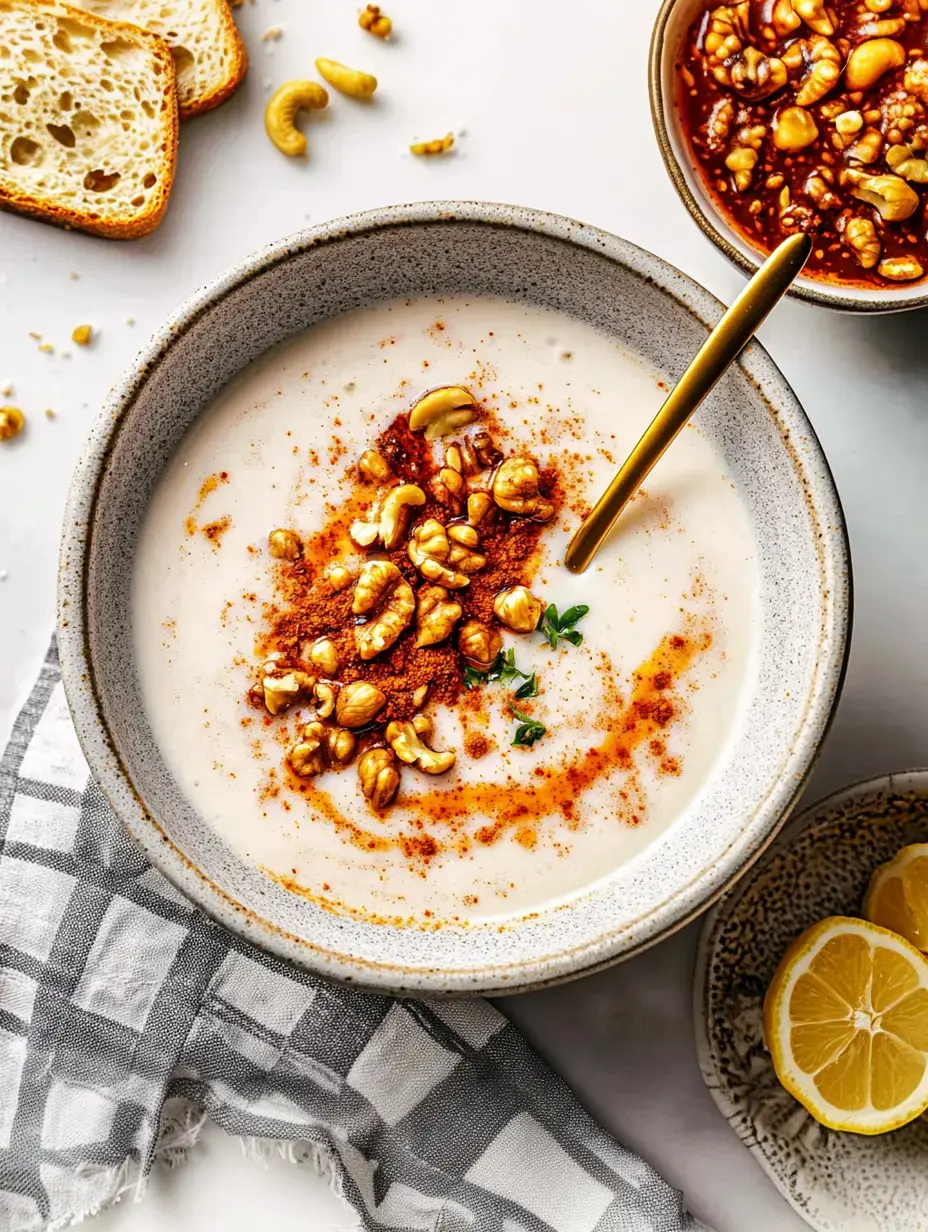 Eine Portion cremige Suppe mit Nüssen und Gewürzen, dekoriert mit Zitronenscheiben und etwas Brot drumherum.