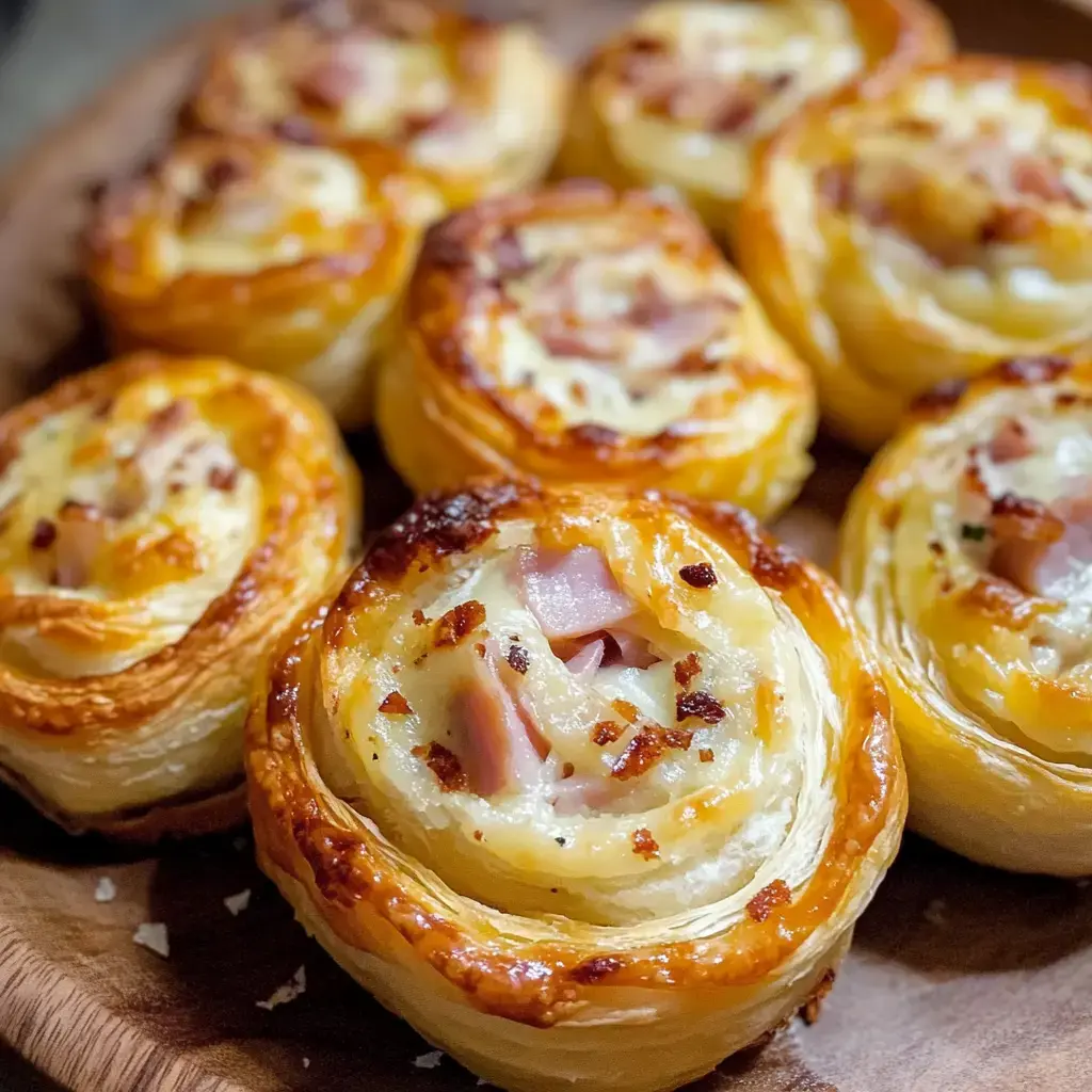 Du siehst auf dem Bild frische knusprige Blätterteigschnecken, gefüllt mit Schinken und Käse.