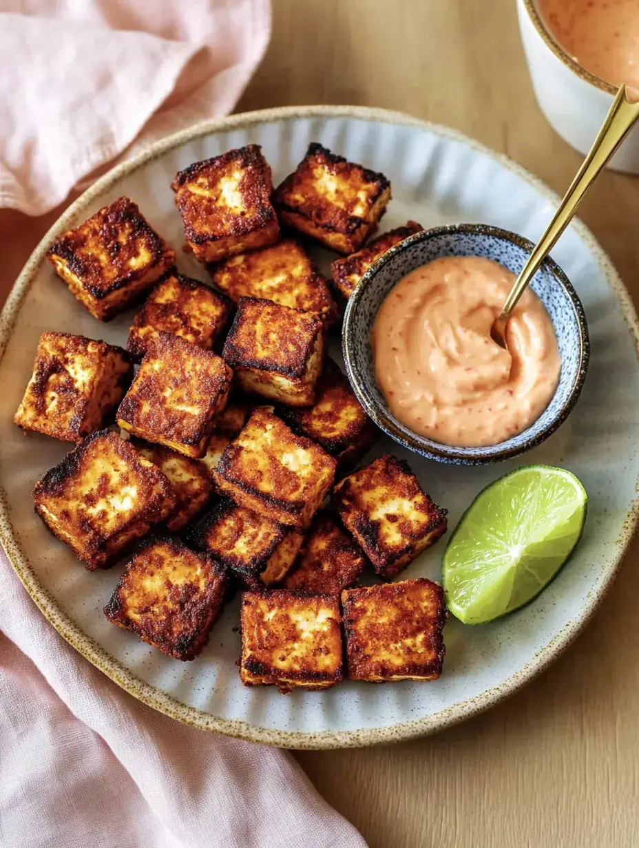 Ein Teller mit knusprigen Tofuwürfeln, dazu rosa Sauce und Limette.