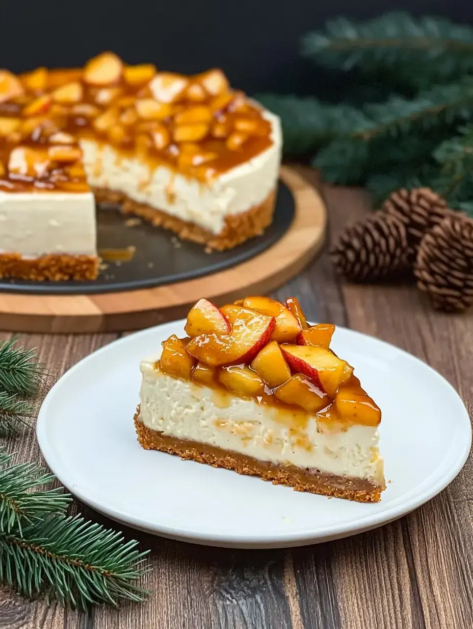 Ein saftiges Käsekuchenstück mit Apfelschicht auf weißem Teller, davor ein halber Kuchen auf Holz.