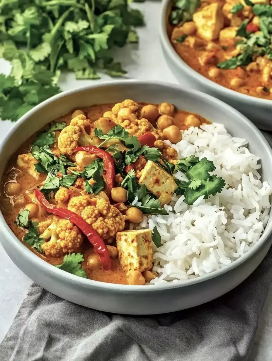 Bunter Curry-Teller mit Blumenkohl, Kichererbsen, Chili, Koriander und weißem Reis.
