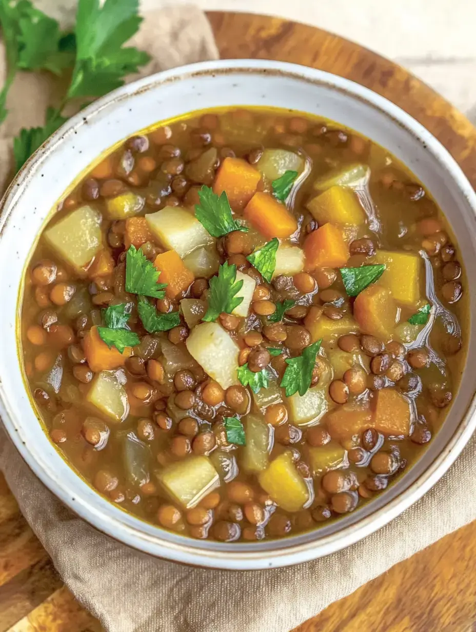 Eine Linsensuppe in der Schale, belegt mit Gemüsewürfeln und frischen Kräutern.