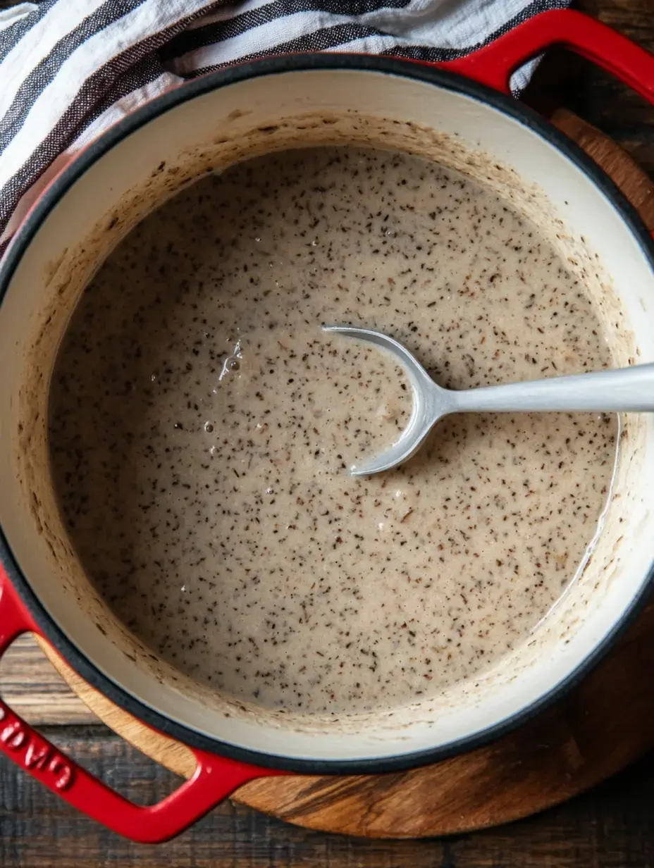 Ein roter Topf voll cremiger, brauner Suppe mit Löffel darin, das Ganze auf einem Brett angerichtet.