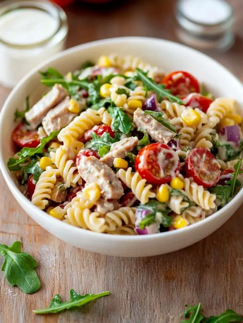 Eine Schüssel voller Fusilli-Nudeln mit Mais, kleinen Tomaten, Rucola, Thunfischstücken auf Holztisch.