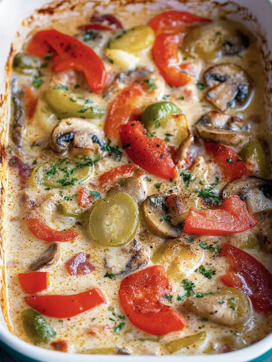 Ein Auflauf mit buntem Gemüse, darunter Paprika, Pilze und grüne Oliven in einer cremigen Soße.