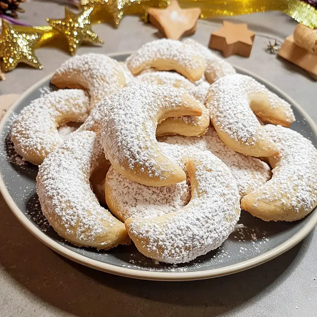 Vorne steht ein Teller mit Puderzucker-Vanillekipferln, drumherum liegen weihnachtliche Sachen.